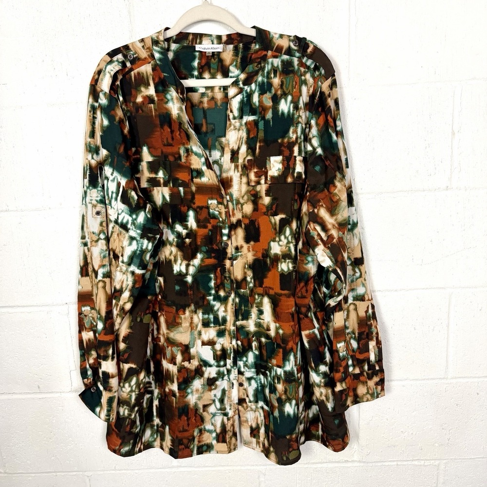 Calvin Klein Button Up Tunic Roll-Tab Sleeves Colorful Maximalist Artsy SZ 3X
